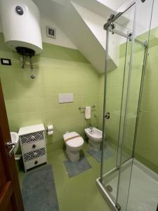 zieloną łazienkę z toaletą i prysznicem. w obiekcie appartamento residence via giardini Acquamarina w mieście San Vito lo Capo +35 zdjęć