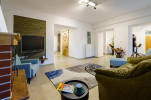 a living room with a couch and a tv at Guest House Žerjal in Podnanos