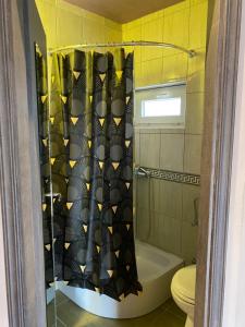uma casa de banho com uma cortina de chuveiro e um WC em Apartmani Padrov em Igalo