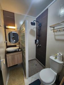 een badkamer met een toilet, een wastafel en een spiegel bij FamilyConfort Saidia in Saidia 
