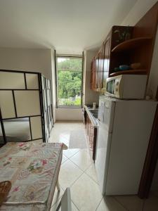 una cucina con frigorifero, tavolo e finestra di House Vacations Center a Castellammare di Stabia
