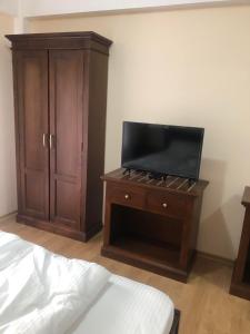 a bedroom with a tv on a dresser and a bed at Camere de inchiriat Aioane 