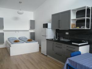 eine kleine Küche mit Spüle und Kühlschrank in der Unterkunft Juventus Meggie in Balatonföldvár