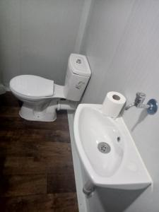 bagno con servizi igienici bianchi e lavandino di Karavan Kır Evi a Muğla