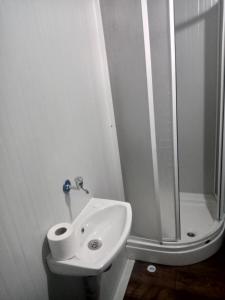 a white bathroom with a sink and a shower at Karavan Kır Evi in Mugla