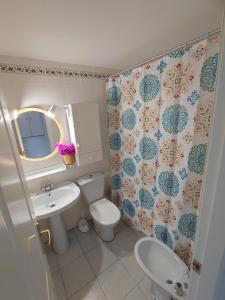 La salle de bains est pourvue de toilettes, d'un lavabo et d'un miroir. dans l'établissement Apartamentos Fuentesol Altamar, à Alcossebre
