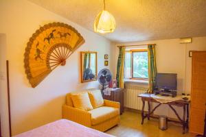 a living room with a chair and a television at Villa La Voce Del Vento in Pastena