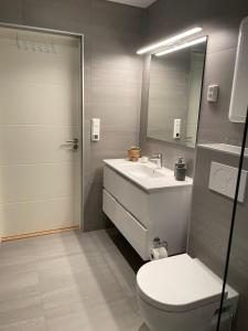 a bathroom with a toilet and a sink and a mirror at Apartments Bergen with sea view! in Bergen