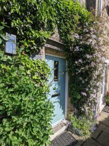 une porte bleue dans une haie de fleurs dans l'établissement Rustic cottage, garden, near amenities, wifi, à Pateley Bridge