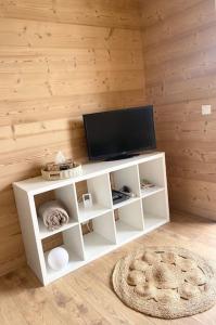 a living room with a television on a wooden wall at Appartement cosy in Métabief