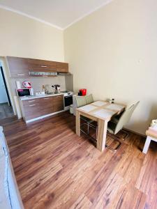 a room with a table and chairs and a kitchen at Apartmán Diana in Karlovy Vary