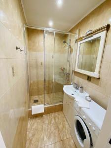 a bathroom with a shower and a sink and a washing machine at Apartmán Diana in Karlovy Vary