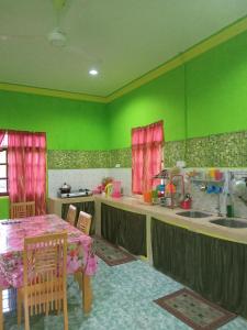 cocina con paredes verdes, mesa y fregadero en Rosma homestay, en Kampong Ru Sepuloh