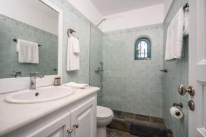 La salle de bains est pourvue d'un lavabo, de toilettes et d'une douche. dans l'établissement Villa Oinos - Sunset Views, à Órmos Athiniós
