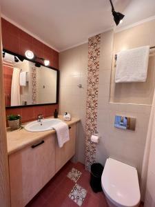 a bathroom with a sink and a toilet and a mirror at Stella in the Village Studio Sea View in Plakias