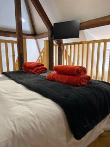 2 almohadas rojas sentadas encima de una cama en The Shack - Thatched Self Contained Annex, en Collingbourne Ducis