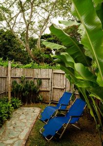 グアドゥアスにあるAguas Claras Bamboo Ecolodgeのフェンスの隣の庭に青いラウンジチェア2脚