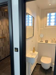 a bathroom with a sink and a toilet and a mirror at Designer apartment in Charlottenlund