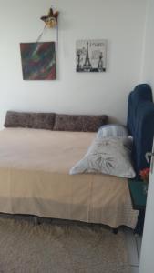 ein Schlafzimmer mit einem Bett und einem Bild an der Wand in der Unterkunft Betim paraíso in Betim
