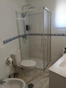 a bathroom with a shower and a toilet and a sink at APARTAMENTOS MATUTE in Almodóvar del Río