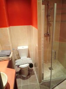 La salle de bains est pourvue de toilettes et d'une douche en verre. dans l'établissement Séjour à Béziers, à Béziers