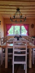 uma mesa de jantar com cadeiras e um lustre em Chaloupka U Matušků em Varnsdorf