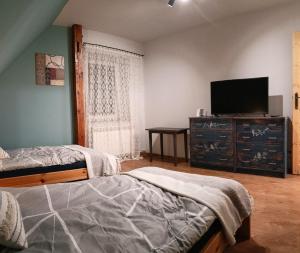 1 Schlafzimmer mit 2 Betten und einem Flachbild-TV in der Unterkunft Świerkowe Siedlisko pokoje gościnne in Angerburg