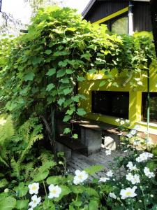 una panchina in un giardino con fiori bianchi di Blumauer Apartments a Lubiana