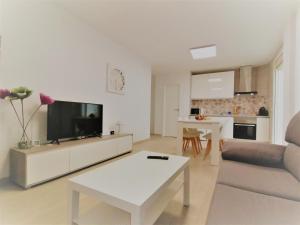 een woonkamer met een bank, een tv en een tafel bij Apartamento Breogan Coruña in A Coruña