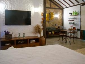 um quarto com uma televisão numa parede com uma mesa em Lofts Villa da Serra em Tiradentes