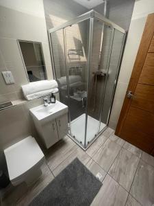 a bathroom with a shower and a toilet and a sink at SW - Four - 3 in London