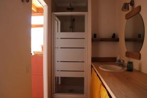 a bathroom with a sink and a mirror at Nestudio : studio pour 2 / 3 personnes in Saint-Laurent-de-Neste