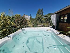 a jacuzzi tub with water in a yard at Chalet, lodge, Cottage, avec spa au bord de l'eau in Prouilly