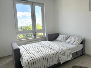 a bed sitting in a room with a window at SDH 1 Radzymin comfortable apartment near Warsaw in Radzymin