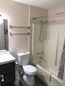a bathroom with a white toilet and a shower at unit #302 Mountain view 2 beds in DT in Canmore