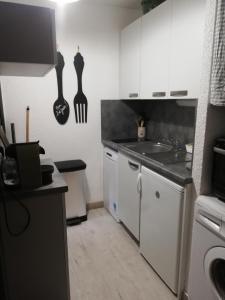 uma cozinha com um lavatório e uma bancada em Studio RDC 4-5 pers pied des pistes em Chaillol