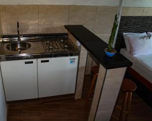 a kitchen with a stove and a sink and a counter at Toca da Tulipa in Paraty