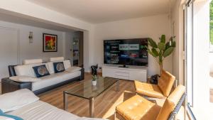 salon z kanapą i telewizorem w obiekcie Villa Hakuna Matata - 4 étoiles climatisée avec piscine w mieście Saint-Médard-en-Jalles