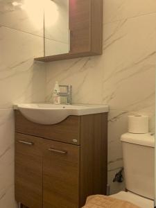 a bathroom with a sink and a toilet at MARMARI apartments in Ayía Marína