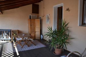 a living room with a table and a plant at Casa tipica a Meride Al Punt da Gian in Meride