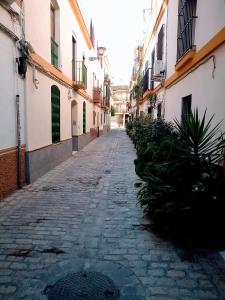 an empty street in an alley between buildings at Azahar in Seville