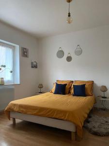 een slaapkamer met een groot bed met blauwe kussens bij ABSL Appartement in Villefranche-sur-Saône