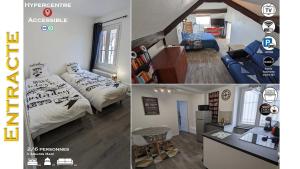 duas fotografias de um quarto e um quarto com uma cama em L'Entracte - Appart Hôtel - Hypercentre em La Ferté-Alais