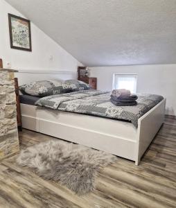 1 dormitorio con 2 camas y alfombra en Casa Luana, en Roč