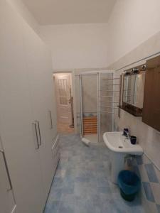 uma casa de banho branca com um lavatório e um chuveiro em Amalia by the Sea - Quercianella - Piano Terra em Case Fortullino