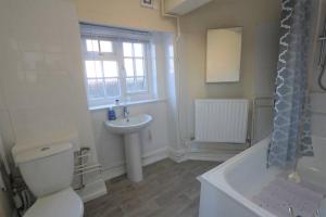 a bathroom with a toilet and a sink and a tub at Flat 2 @ 28 Chilkwell Street in Glastonbury