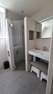 a bathroom with a sink and a toilet and a mirror at Vakantiewoning Sneekermeer, huur sloep of zeilboot mogelijk in Goingarijp