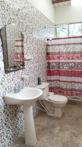 ein Badezimmer mit einem Waschbecken, einem WC und einem Spiegel in der Unterkunft Casa en el aire, Finca el Paraíso in La Selva