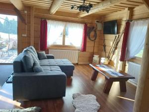 a living room with a blue couch and a table at Domek góralski Toporówka in Murzasichle