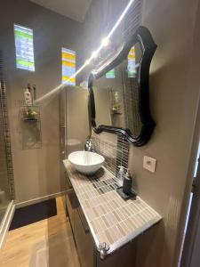 a bathroom with a sink and a mirror at T3 moderne et climatisé - Plages à pied - PARKING GRATUIT in Vallauris